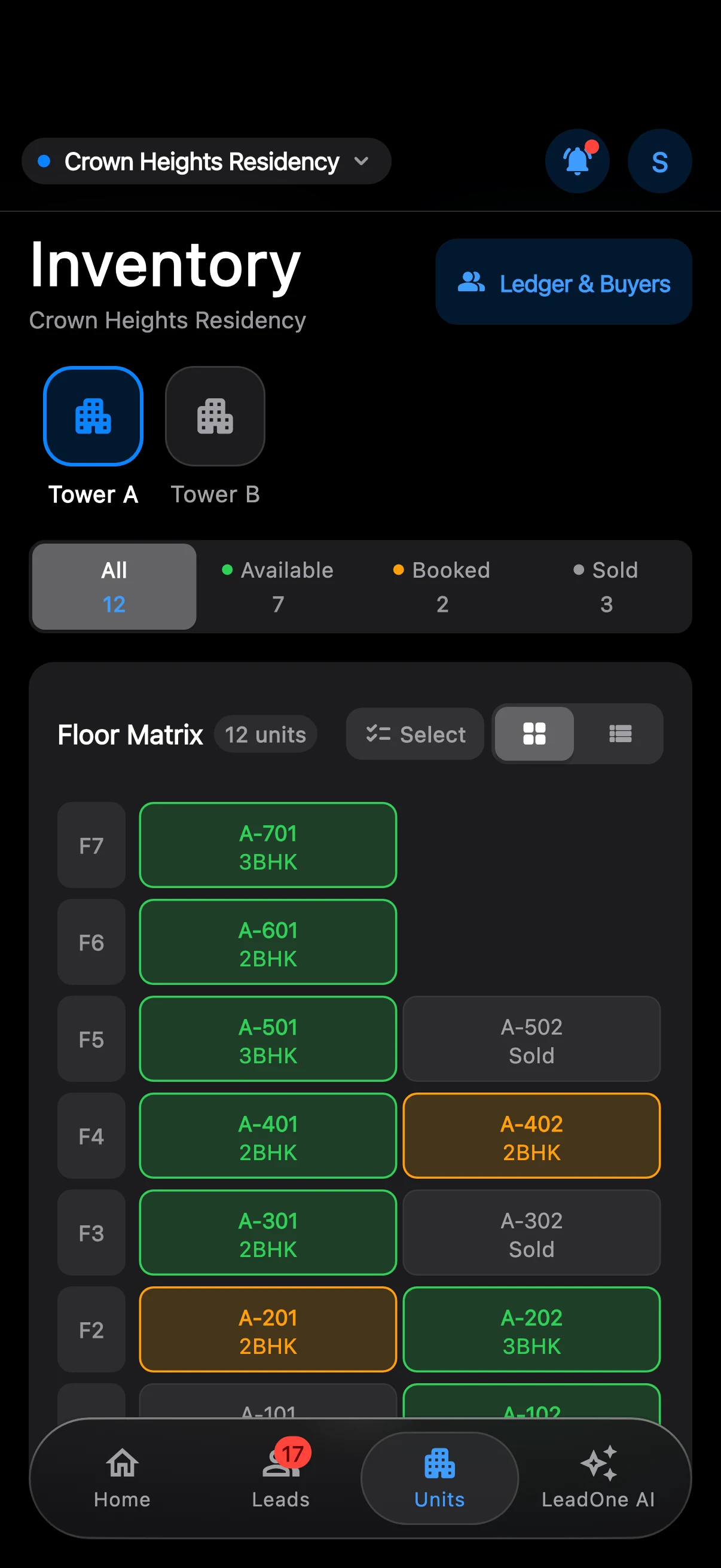 LeadOne AI app: Every unit, live