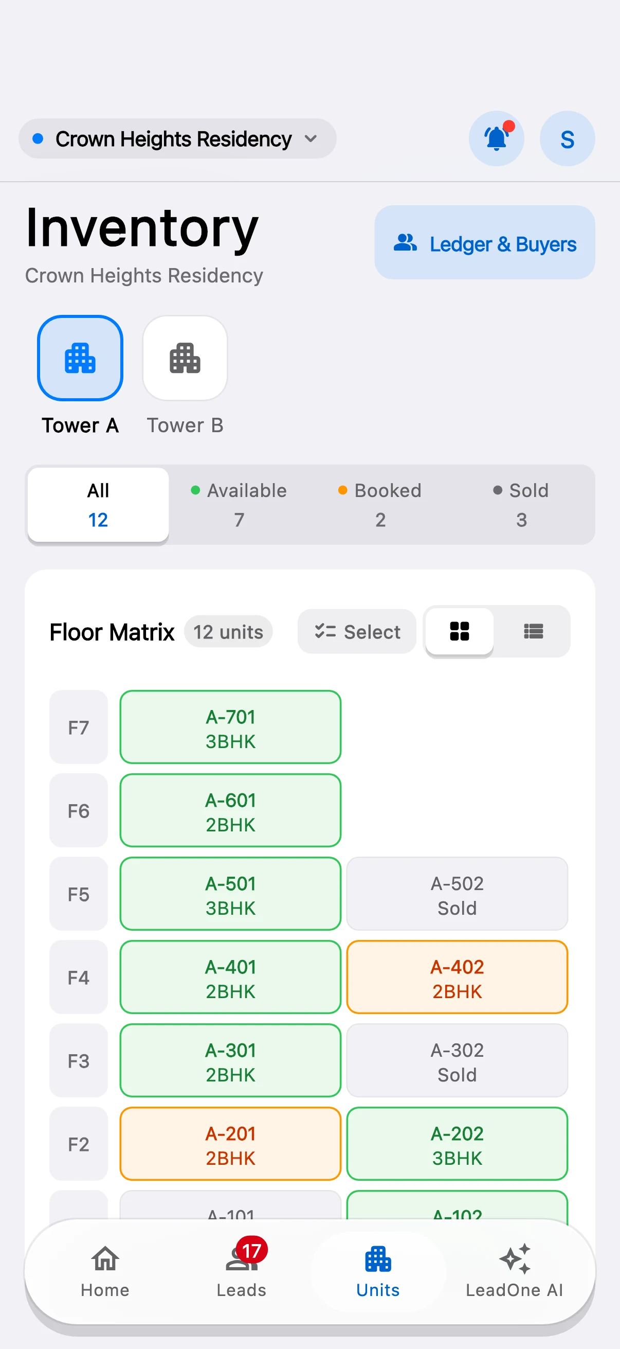 LeadOne AI app: Every unit, live