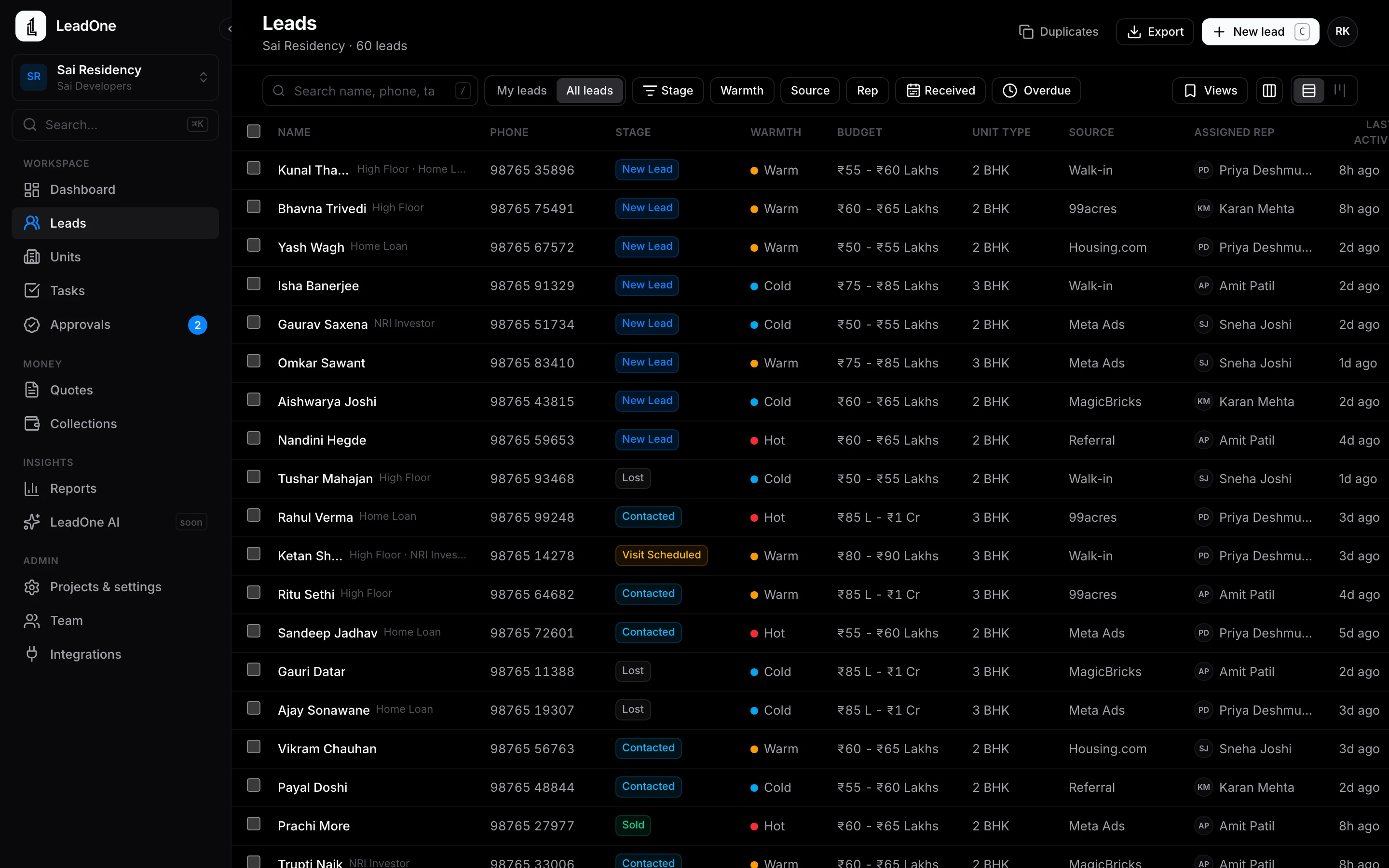 LeadOne AI HQ leads grid with source, stage, rep and next step