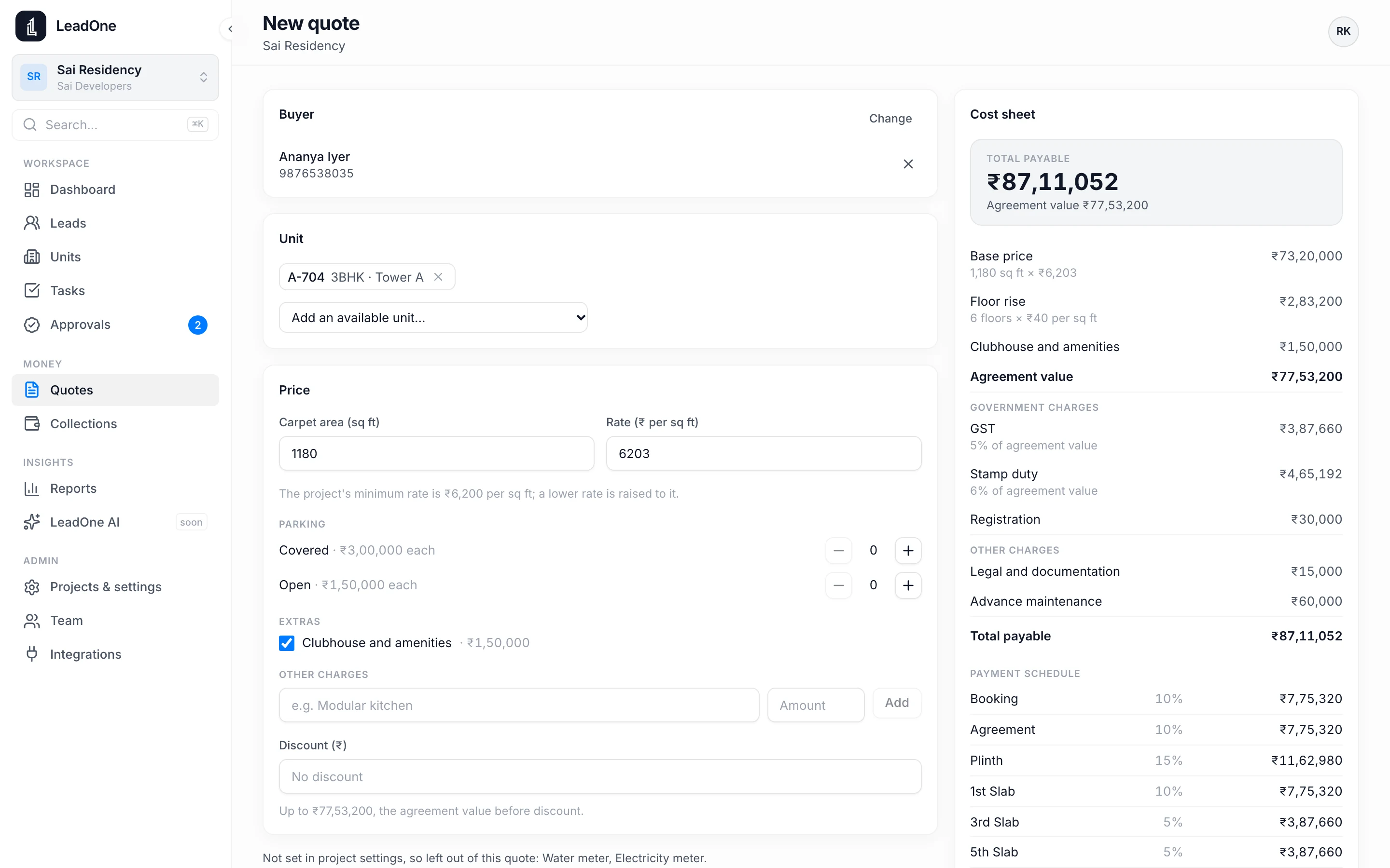 Quote builder in LeadOne AI HQ